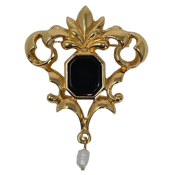Vintage Avon Gold-Tone Baroque Brooch with Black Stone and Pearl Drop - Picture 1 of 8